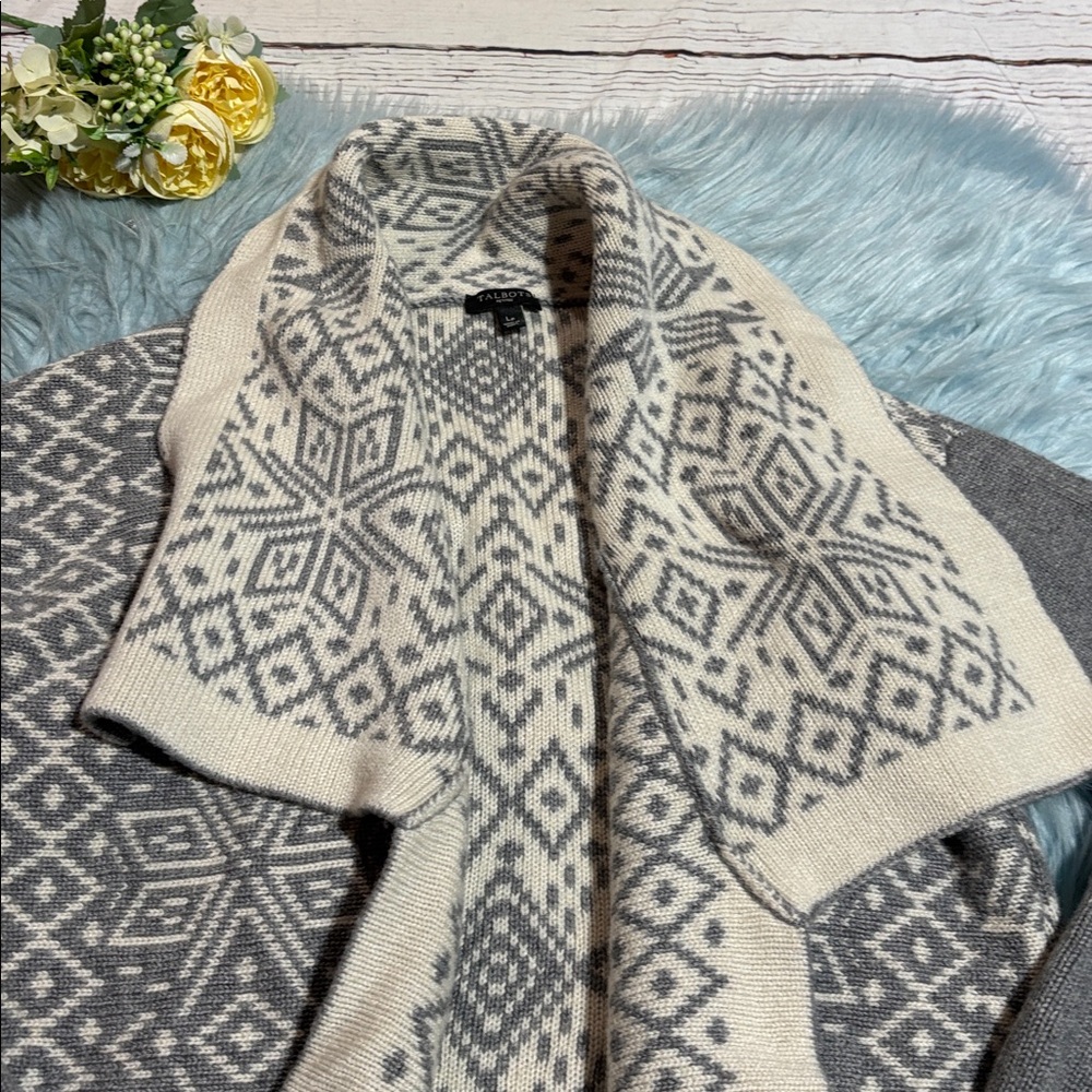 Talbots Wool Cashmere Blend Snowflake Graphic Grey White Open Front Cardigan LP - Picture 2 of 7